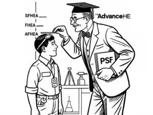 AdvanceHE teacher measuring the height of a boy marked with Fellowship levels