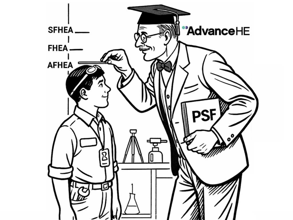 AdvanceHE teacher measuring the height of a boy marked with Fellowship levels