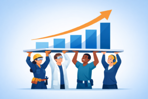 Professional Services staff supporting a rising metric arrow