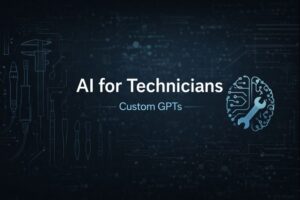 Futuristic slide showing AI for Technicians: custom GPTs